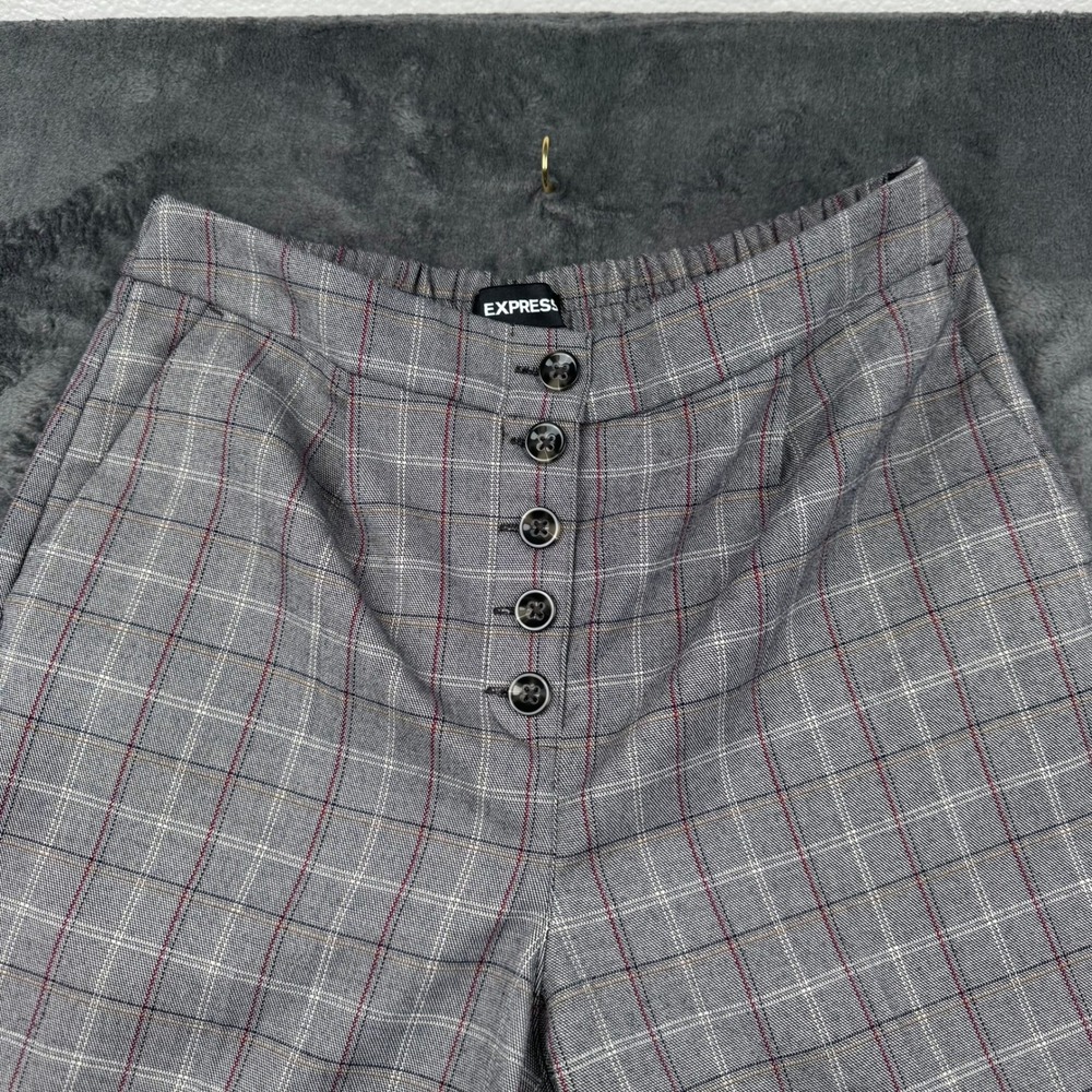 Express Womens High Rise Ankle Plaid Button Fly Trousers Grey Red Size Small - Picture 2 of 12